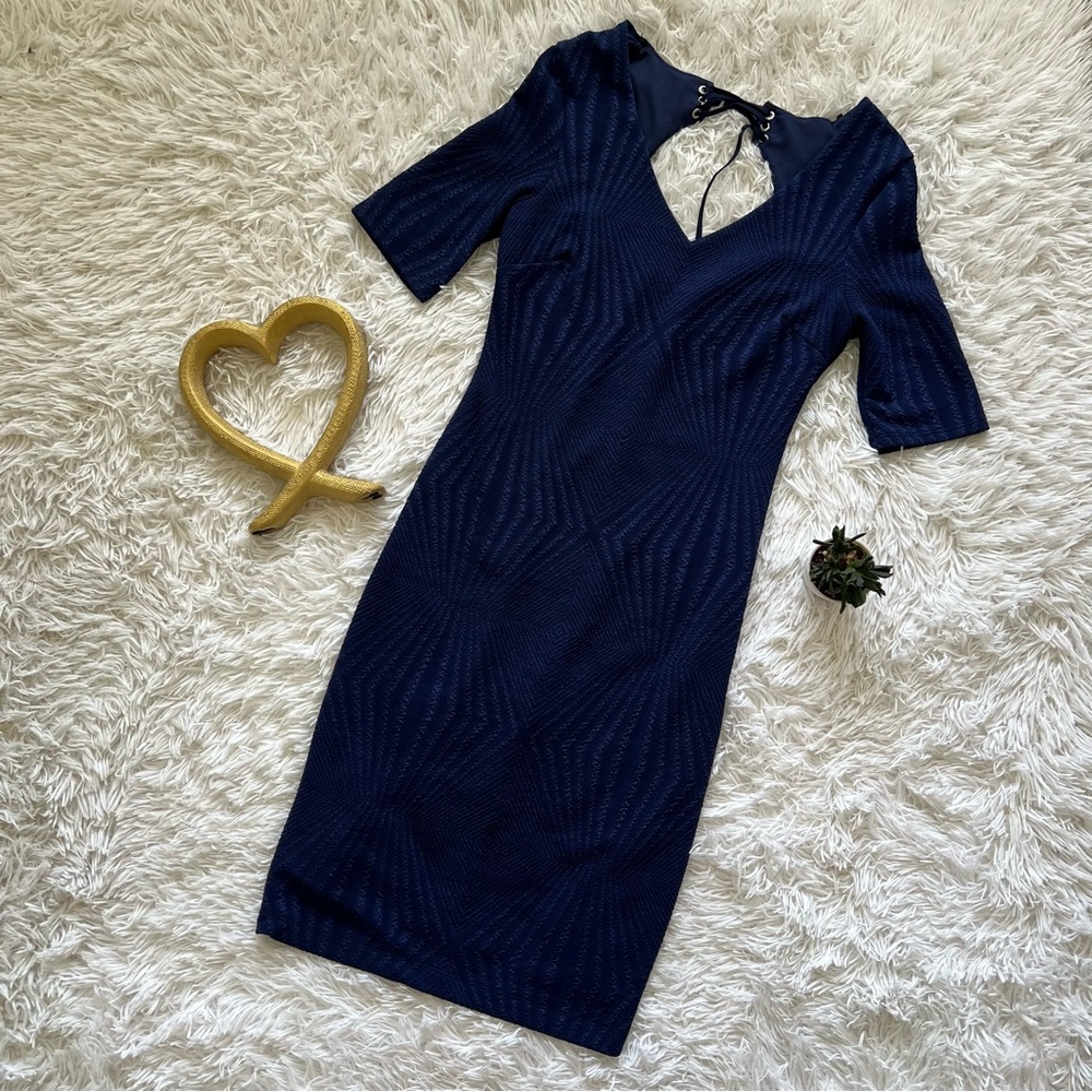 Elegant Blue Ribbed V-Neck Bodycon Midi Dress
